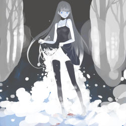 Rule 34 | 1girl, bare arms, bare shoulders, black thighhighs, blood, blue eyes, blunt bangs, closed mouth, clothes lift, commentary, dress, dress lift, forest, grey hair, greyscale, highres, lifted by self, long hair, looking to the side, menstruation, monochrome, nature, original, outdoors, panties, snow, solo, spaghetti strap, spot color, standing, thighhighs, tree, underwear, vofan