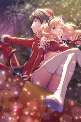 Rule 34 | 1boy, 1girl, amamiya ren, animal ears, back-to-back, black hair, blonde hair, boots, breasts, cat ears, cat tail, christmas, crop top, crossed legs, elbow gloves, fake animal ears, fireworks, floating hair, fur trim, gloves, green eyes, grey eyes, grin, hand up, hat, high heel boots, high heels, highres, knees up, large breasts, light particles, long hair, night, night sky, one eye closed, parted lips, persona, persona 5, red gloves, red shorts, santa costume, santa gloves, santa hat, short hair, short shorts, shorts, sitting, sky, smile, snowing, tail, takamaki anne, thigh boots, thighhighs, thighs, twintails, twitter username, white thighhighs, yoruno mahiru