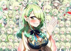 Rule 34 | 1girl, antlers, blue dress, blush, breasts, ceres fauna, ceres fauna (1st costume), chibi, chibi inset, cleavage, commentary request, ddolbang, dress, ear blush, earrings, flower, gradient hair, green hair, grin, hair flower, hair ornament, highres, hololive, hololive english, horns, jewelry, korean commentary, large breasts, layered dress, long hair, looking at viewer, mole, mole under eye, multicolored hair, multiple views, smile, streaked hair, upper body, virtual youtuber, waving, white dress, yellow eyes