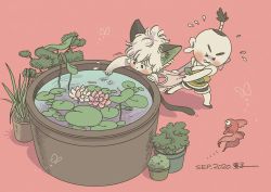 Rule 34 | 2boys, animal ears, blush, cat boy, cat ears, cat tail, fish, flower, highres, leaf, lily pad, luo xiaohei, luo xiaohei (human), luo xiaohei zhanji, mao mao (the legend of luoxiaohei), mugi-co, multiple boys, pink background, pink flower, plant, potted plant, ripples, shadow, short hair, simple background, tail, tongue, tongue out, water, white flower, white hair