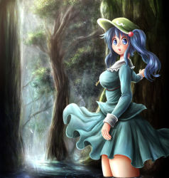 Rule 34 | 1girl, bad id, bad pixiv id, blue eyes, blue hair, breasts, dress, forest, hair bobbles, hair ornament, hat, kawashiro nitori, key, large breasts, light rays, long sleeves, looking at viewer, matching hair/eyes, nature, open mouth, partially submerged, river, satoji (ochanomkmskry), shirt, short hair, skirt, skirt set, solo, standing, sunbeam, sunlight, touhou, tree, twintails, two side up, wading, water