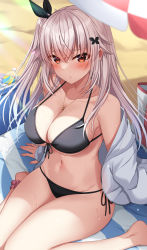 Rule 34 | 1girl, ankle scrunchie, bad id, bad twitter id, bare shoulders, barefoot, beach, bikini, black bikini, blurry, breasts, butterfly hair ornament, cleavage, closed mouth, collarbone, commentary request, depth of field, etna (kuzuyu), front-tie bikini top, front-tie top, frown, hair ornament, hair ribbon, halterneck, highres, jacket, jewelry, komori kuzuyu, large breasts, long hair, long sleeves, looking at viewer, navel, necklace, off shoulder, one side up, open clothes, open jacket, original, red eyes, ribbon, scrunchie, side-tie bikini bottom, sitting, solo, stomach, string bikini, sweatdrop, swimsuit, thighs, wariza, white hair, white jacket