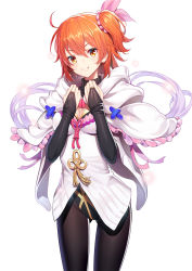 Rule 34 | 1girl, adapted costume, black pantyhose, blush, breasts, bridal gauntlets, brown eyes, capelet, commentary request, dress, fate/grand order, fate (series), frilled capelet, frills, fujimaru ritsuka (female), hair between eyes, hair ornament, hair ribbon, hair scrunchie, hands up, head tilt, highres, leotard, looking at viewer, medium breasts, one side up, orange hair, pantyhose, pink ribbon, pink scrunchie, ribbon, ririko (zhuoyandesailaer), scrunchie, smile, solo, v-shaped eyebrows, white background, white capelet, white dress