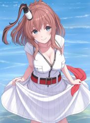 Rule 34 | 10s, 1girl, bad id, bad twitter id, belt, blue eyes, breast pocket, breasts, brown hair, cleavage, clothes lift, cowboy shot, dress, dress lift, kantai collection, large breasts, long hair, looking at viewer, nananichi, neckerchief, open clothes, open dress, parted lips, pocket, ponytail, red neckerchief, saratoga (kancolle), side ponytail, sidelocks, smile, solo, standing, water, white dress