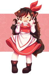 Rule 34 | absurdres, alternate costume, animal ears, blush, boots, breasts, brown hair, chibi, double v, dress, dungeon toaster, fang, highres, imaizumi kagerou, long hair, looking away, nail polish, red dress, red eyes, red nails, red ribbon, ribbon, small breasts, sweat, tail, touhou, turtleneck, v, wavy mouth, werewolf, wolf ears, wolf girl, wolf tail