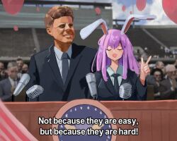 Rule 34 | 1boy, 1girl, animal ears, blue jacket, brown hair, closed eyes, cloud, commentary, day, english commentary, english text, formal, grey necktie, jacket, john f. kennedy, long hair, microphone, necktie, outdoors, people, politician, purple hair, rabbit ears, rabbit girl, real life, reisen udongein inaba, short hair, stadium, suit, suit jacket, touhou, vanilla flan, very short hair, vintage microphone