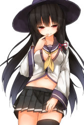 Rule 34 | 10s, 1girl, black hair, black thighhighs, blush, breasts, center opening, cowboy shot, finger to mouth, hair ribbon, half-closed eyes, halloween, hat, isokaze (kancolle), kantai collection, long hair, looking at viewer, mizushina minato, navel, pleated skirt, ribbon, school uniform, serafuku, single thighhigh, skirt, smile, solo, thighhighs, unbuttoned, very long hair, white background, witch hat