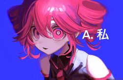 Rule 34 | 1girl, black shirt, blue background, buttons, collared shirt, commentary request, crazy eyes, detached sleeves, drill hair, highres, hito mania (utau), kasane teto, looking at viewer, momosu momo, open mouth, pink eyes, pink hair, pink trim, portrait, shirt, solo, twin drills, utau