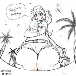 Rule 34 | 1girl, 2021, aircraft, blush, breasts, dinosaur, english text, female focus, from below, giant, giantess, greyscale, hat, helicopter, highres, hollewdz, jen (raps), jurassic park, kneeling, large breasts, legs, lineart, monochrome, palm tree, sketch, solo, solo focus, speech bubble, tagme, thick thighs, thighs, tree