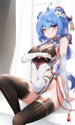 Rule 34 | 1girl, :o, absurdres, ahoge, bare shoulders, bell, berserker r, blue hair, bodystocking, breasts, bridal gauntlets, brown thighhighs, chinese clothes, cleavage, covered navel, curled horns, curtains, flower, flower knot, ganyu (genshin impact), genshin impact, goat horns, gold trim, hair flower, hair ornament, highres, horns, large breasts, long hair, looking at viewer, navel, no panties, pelvic curtain, qingxin flower, revision, sitting, solo, thighhighs, thighlet, thighs, vision (genshin impact), window, yellow eyes