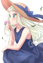 Rule 34 | 1girl, aikatsu!, aikatsu! (series), aqua eyes, bare arms, bare shoulders, blue bow, blue dress, blue ribbon, blunt bangs, bow, breasts, collarbone, commentary, dress, flower, from side, hat, hat bow, hat ribbon, highres, holding, holding flower, leaf, looking afar, parted lips, ribbon, sekina, simple background, sitting, sleeveless, small breasts, solo, sun hat, sundress, todo yurika, upper body, white background, white hair