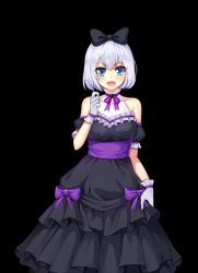 Rule 34 | 1girl, ascendant hearts, bare shoulders, blue eyes, blush, bow, breasts, cowboy shot, detached collar, dress, eyebrows, game cg, gloves, hair between eyes, hair bow, hair ribbon, happy, long dress, looking at viewer, medium breasts, open mouth, original, ribbon, short hair, smile, solo, standing, transparent background, white gloves, white hair