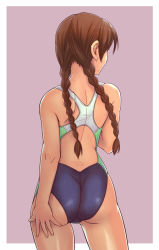 Rule 34 | 1girl, ass, back, braid, brown hair, competition swimsuit, dimples of venus, e20, from behind, one-piece swimsuit, simple background, solo, swimsuit, trefoil, twin braids