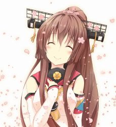 Rule 34 | 10s, 1girl, akisaka yamoka, breasts, brown hair, cherry blossoms, closed eyes, flower, hair flower, hair ornament, headgear, highres, kantai collection, large breasts, long hair, petals, ponytail, smile, solo, yamato (kancolle), yamoka (mocateria)