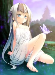 Rule 34 | 1girl, :o, arm support, bare arms, bare legs, bare shoulders, barefoot, blue eyes, blush, bug, butterfly, day, dress, eucliwood hellscythe, feet, full body, grass, headpiece, highres, bug, knee up, kore wa zombie desu ka?, leaning back, lethe-shion, long hair, on ground, outdoors, silver hair, sitting, solo, sundress, toes, tree, very long hair, white dress