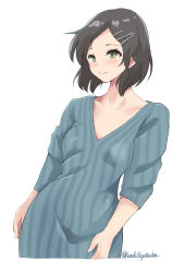 Rule 34 | 1girl, black hair, commentary request, cowboy shot, dress, flat chest, green eyes, hair ornament, hairclip, highres, kamikitayotsuba, kantai collection, kuroshio (kancolle), one-hour drawing challenge, short hair, smile, solo, striped clothes, striped dress, striped sweater, sweater, sweater dress, twitter username, v-neck, vertical-striped clothes, vertical-striped dress