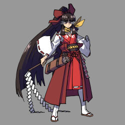 Rule 34 | 1girl, alternate costume, alternate hairstyle, bow, brown hair, dress, expressionless, full body, gohei, grey background, hair bow, hakurei reimu, highres, holding, holding gohei, japanese clothes, kaibootsu, long hair, nontraditional miko, ponytail, red bow, red dress, red eyes, ribbon-trimmed sleeves, ribbon trim, solo, tabi, touhou, very long hair, yin yang