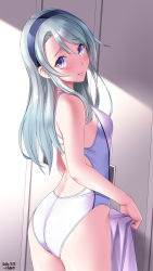 Rule 34 | 1girl, alternate costume, ass, asymmetrical bangs, blue hairband, blush, breasts, commentary request, competition swimsuit, cowboy shot, dated, from behind, hair over shoulder, hairband, highres, holding, holding towel, indoors, kantai collection, long hair, looking at viewer, one-piece swimsuit, purple eyes, sagiri (kancolle), signature, silver hair, small breasts, solo, swept bangs, swimsuit, thighs, towel, tsuchimiya, white one-piece swimsuit