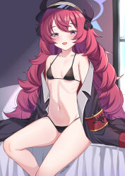 Rule 34 | 1girl, armband, bare legs, bare shoulders, bed sheet, bikini, black bikini, black hat, black jacket, blue archive, blush, breasts, collarbone, feet out of frame, hair between eyes, halo, hat, highres, indoors, iroha (blue archive), jacket, linea alba, long hair, looking at viewer, maru.selinn, micro bikini, military hat, military jacket, navel, off shoulder, on bed, open clothes, open jacket, open mouth, peaked cap, pillow, purple eyes, red armband, red hair, ribs, safety pin, sitting, skinny, sleeves past fingers, sleeves past wrists, small breasts, smile, solo, stomach, string bikini, swimsuit, thighs, twitter username, very long hair, wavy hair