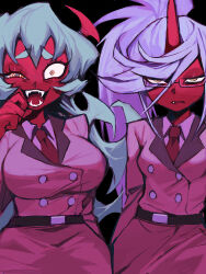 Rule 34 | 2girls, annoyed, belt, black background, blue hair, breasts, colored skin, constricted pupils, cowboy shot, demon girl, fang, glasses, half-closed eye, half-closed eyes, highres, horns, kneesocks (psg), large breasts, medium breasts, multiple girls, necktie, office lady, oni horns, open mouth, panty &amp; stocking with garterbelt, purple hair, red skin, sanjiro (tenshin anman), scanty (psg), sharp teeth, simple background, skirt, standing, teeth, thick eyebrows