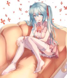 Rule 34 | 1girl, aqua eyes, aqua hair, bow, bowtie, bracelet, couch, feet on chair, hair ribbon, hatsune miku, jewelry, long hair, looking at viewer, nail polish, petticoat, ribbon, sitting, skirt, smile, solo, thighhighs, touboku, twintails, vocaloid, white thighhighs