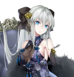 Rule 34 | 1girl, akatsuki hijiri, bare shoulders, black ribbon, blonde hair, blue dress, blue eyes, breasts, cleavage cutout, clothing cutout, dress, fate/grand order, fate (series), fur-trimmed gloves, fur trim, gloves, hair ornament, highres, large breasts, long hair, morgan le fay (fate), ponytail, print dress, ribbon, simple background, solo