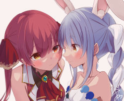 Rule 34 | amagasa nadame, animal ear fluff, animal ears, bare shoulders, blue hair, blush, braid, brown eyes, closed mouth, collarbone, commentary request, detached sleeves, eye contact, grey background, hair between eyes, hair ribbon, highres, hololive, houshou marine, long hair, looking at another, multicolored hair, puffy short sleeves, puffy sleeves, rabbit-shaped pupils, rabbit ears, red hair, red ribbon, red shirt, ribbon, shirt, short sleeves, signature, simple background, sleeveless, sleeveless shirt, symbol-shaped pupils, twin braids, twintails, two-tone hair, usada pekora, usada pekora (1st costume), virtual youtuber, wavy mouth, white hair, white sleeves