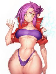 Rule 34 | 1girl, bikini, breasts, cameltoe, curvy, ear piercing, earrings, fumio (rsqkr), highres, jacket, jewelry, large breasts, long hair, looking at viewer, navel, nipples, piercing, purple bikini, purple hair, serious, simple background, solo, strapless, swimsuit, thick eyebrows, thick thighs, thighs, tube top, white background, wide hips, yellow eyes