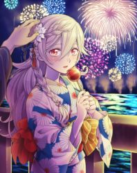Rule 34 | 1boy, 1girl, blurry, blush, braid, braided bangs, candy apple, corrin (female) (fire emblem), corrin (fire emblem), depth of field, fire emblem, fire emblem fates, fire emblem if, food, french braid, grey hair, hair between eyes, hair ornament, hairband, headpat, hiyori (rindou66), japanese clothes, kimono, long hair, looking at viewer, night, nintendo, outdoors, pointy ears, red eyes, slit pupils, smile, solo focus, standing