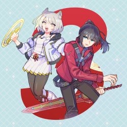Rule 34 | 1boy, 1girl, animal ears, black hair, black pantyhose, blue eyes, bone (stare), breasts, cat ears, chest jewel, collarbone, hair tie, jacket, long hair, looking at viewer, mio (xenoblade), noah (xenoblade), open mouth, pantyhose, ponytail, red jacket, red ribbon, ribbon, short hair, shoulder strap, simple background, skirt, small breasts, smile, sword, tank top, weapon, white hair, white jacket, white skirt, white tank top, xenoblade chronicles (series), xenoblade chronicles 3, yellow eyes