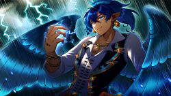 Rule 34 | 1boy, 60mai, bird wings, blue eyes, blue hair, blue wings, closed mouth, commission, dyseal, earrings, indie virtual youtuber, jewelry, lightning, looking at viewer, male focus, medium hair, outdoors, pendant, pointy ears, rain, skeb commission, sky, smile, solo, upper body, virtual youtuber, wings