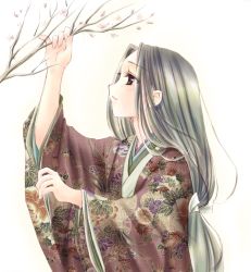 Rule 34 | 1girl, arm up, black eyes, black hair, cherry blossoms, floral print, from side, japanese clothes, kimono, long hair, looking away, looking up, low-tied long hair, profile, smile, solo, upper body, white background