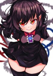 Rule 34 | 1girl, arms behind back, black dress, black hair, black thighhighs, blue wings, blush, bow, bowtie, breasts, buttons, center frills, closed mouth, commentary request, covered navel, cowboy shot, dress, frills, from above, fub (fubimanji), hair between eyes, highres, houjuu nue, looking at viewer, medium bangs, medium breasts, medium hair, pointy ears, red bow, red bowtie, red eyes, red wings, short dress, short sleeves, smile, solo, thick thighs, thighhighs, thighs, touhou, white background, wings
