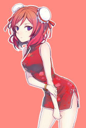 Rule 34 | 10s, 1girl, china dress, chinese clothes, double bun, dress, hair bun, holding own arm, looking at viewer, love live!, love live! school idol festival, love live! school idol project, nishikino maki, purple eyes, red hair, simple background, solo, suganemui