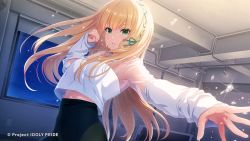 Rule 34 | 1girl, blonde hair, braid, copyright notice, cygames, electrical outlet, flying sweatdrops, glint, green eyes, hair ribbon, highres, ichinose rei, idoly pride, indoors, lights, long sleeves, midriff peek, nervous sweating, night, official art, open mouth, outstretched arm, ribbon, room, see-through, see-through sleeves, sweat, teeth, very sweaty, wet, window