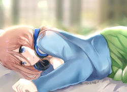 Rule 34 | 1girl, blue cardigan, blue eyes, blush, breasts, brown hair, cardigan, cleavage, closed mouth, commentary request, go-toubun no hanayome, green skirt, hair between eyes, headphones, headphones around neck, long hair, long sleeves, looking at viewer, lunacats, lying, medium breasts, nakano miku, nib pen (medium), on side, skirt, smile, solo, traditional media