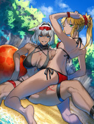 Rule 34 | 2girls, animal ears, arm up, ass, back, ball, bare shoulders, barefoot, beach, beachball, bikini, black bikini, black choker, black hairband, blonde hair, blue eyes, blue sky, body markings, bracelet, braid, breasts, butt crack, caenis (fate), caenis (swimsuit rider) (fate), caenis (swimsuit rider) (first ascension) (fate), choker, cleavage, closed mouth, cloud, collarbone, commentary request, dark-skinned female, dark skin, day, eyewear on head, fate/grand order, fate (series), french braid, green eyes, grin, groin, hair between eyes, hair intakes, hair ornament, hair scrunchie, hairband, highres, jewelry, large breasts, long hair, looking at viewer, midriff, mordred (fate), mordred (fate) (all), mordred (swimsuit rider) (fate), mordred (swimsuit rider) (first ascension) (fate), multiple girls, none (kameko227), ocean, one eye closed, outdoors, ponytail, red bikini, red scrunchie, scrunchie, shadow, side-tie bikini bottom, sidelocks, sitting, sitting on person, sky, small breasts, smile, sunglasses, swimsuit, teeth, thigh strap, white hair