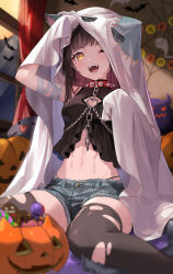 Rule 34 | 1girl, ;d, black hair, black thighhighs, breasts, collar, commentary request, denim, denim shorts, ghost costume, grey shorts, halloween, highres, jack-o&#039;-lantern, looking at viewer, medium breasts, medium hair, mole, mole under eye, navel, nima (niru54), one eye closed, open mouth, original, red collar, shorts, sitting, smile, solo, spiked collar, spikes, stomach, teeth, thighhighs, torn clothes, torn thighhighs, yellow eyes