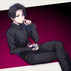 Rule 34 | 1boy, aam09212, bat genome, black hair, black nails, black pants, black shirt, blue eyes, crossed legs, ear piercing, earrings, goth fashion, highres, holding, jewelry, kagero (kamen rider revice), kamen rider, kamen rider revice, magenta background, male focus, nail polish, name connection, necklace, outside border, pants, piercing, pink background, ring, shirt, short hair, single earring, sitting, title, villain pose