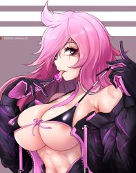 Rule 34 | 1girl, areola slip, artist name, bare shoulders, battle academia katarina, bikini, bikini top only, black gloves, black jacket, breasts, candy, cleavage, commentary, food, gloves, highres, holding, jacket, katarina (league of legends), kilalesi, large breasts, league of legends, lollipop, long hair, micro bikini, micro bikini top, navel, pink gloves, pink hair, purple eyes, scar, solo, swimsuit, two-tone gloves