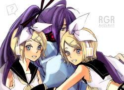 Rule 34 | 1boy, 1girl, age difference, blonde hair, bow, kagamine rin, kamui gakupo, long hair, nia (artist), nia (four winds), purple hair, short hair, simple background, smile, tattoo, upper body, vocaloid