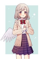 Rule 34 | 1girl, alternate costume, angel wings, beige jacket, blush, bow, bowtie, braid, brown eyes, collared shirt, commentary request, french braid, hair between eyes, kishin sagume, long sleeves, looking at viewer, open mouth, plaid, plaid skirt, purple skirt, red bow, red bowtie, shirt, short hair, silver hair, single wing, skirt, solo, touhou, touya (konpekitou), white shirt, wings