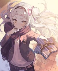Rule 34 | 1girl, asymmetrical hair, bag, black jacket, black pantyhose, black scarf, black skirt, blunt bangs, blush, bookbag, box, closed mouth, commentary, cowboy shot, embarrassed, english commentary, flat chest, gift, hair bun, hair ribbon, hairband, highres, holding, holding box, holding gift, hololive, jacket, long hair, long sleeves, looking at viewer, miniskirt, murasaki shion, necktie, open clothes, open jacket, orange eyes, outstretched hand, pantyhose, plaid, plaid skirt, pleated skirt, purple ribbon, red necktie, ribbon, scarf, second-party source, shirt, side bun, silver hair, single hair bun, single side bun, skirt, solo, star-shaped box, sunlight, symbol-only commentary, tam-u, uniform, valentine, vest, virtual youtuber, wavy mouth, white shirt, white vest, wind