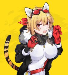 Rule 34 | 1girl, animal ears, belt, blonde hair, breasts, claw pose, eyewear on head, fangs, fur trim, gloves, head scarf, hololive, hololive indonesia, jacket, kaela kovalskia, kaela kovalskia (1st costume), large breasts, mitsumine (ookami no oyashiro), open mouth, red eyes, red gloves, simple background, solo, sunglasses, tail, tiger ears, tiger tail, virtual youtuber, yellow background