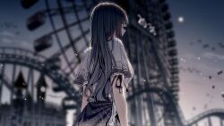 Rule 34 | 1girl, atha (leejuiping), black hair, black ribbon, black skirt, blurry, blurry background, closed mouth, cloud, cloudy sky, commentary request, depth of field, ferris wheel, from behind, full moon, grey eyes, highres, long hair, moon, original, outdoors, profile, ribbon, shirt, short sleeves, skirt, sky, solo, very long hair, white shirt