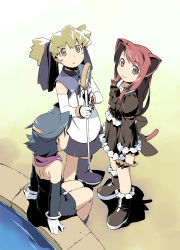 Rule 34 | 3girls, :o, animal ears, bare shoulders, black hair, blonde hair, blush stickers, boots, brown eyes, cat ears, gloves, holding, kanzaki hiro, long hair, looking at viewer, multiple girls, non-web source, original, red hair, shadow, short hair, sitting, staff, standing, twintails, water, white gloves
