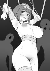 Rule 34 | 1girl, absurdres, armpits, baffu, bandaged arm, bandaged head, bandaged leg, bandages, blush, bound, bound arms, breasts, breasts out, female pubic hair, greyscale, hairband, halloween, halloween costume, highres, hitoyo (baffu), large breasts, monochrome, mummy, mummy costume, naked bandage, navel, nipples, open mouth, original, paid reward available, pubic hair, short hair, solo focus, standing, sweat, tearing up