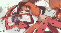Rule 34 | 2girls, animal ears, blue eyes, blue hair, bodysuit, brown hair, fighting, fox ears, fox girl, fox tail, highres, holding, holding weapon, ladybug (character), lila rossi, long hair, marinette dupain-cheng, miraculous ladybug, multiple girls, orange bodysuit, red bodysuit, red mask, seio (nao miragggcc45), short twintails, smile, superhero costume, tail, twintails, weapon