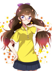 Rule 34 | 1girl, amanogawa kirara, blue skirt, blush, bow, breasts, brown hair, closed mouth, collared shirt, commentary request, cowboy shot, earrings, eyelashes, glasses, go! princess precure, hair bow, hair ornament, hand up, happy, haru (nature life), jewelry, long hair, looking at viewer, pleated skirt, precure, purple bow, purple eyes, red-framed eyewear, shirt, short sleeves, simple background, skirt, small breasts, smile, solo, standing, star (symbol), star earrings, starry background, twintails, very long hair, white background, yellow shirt