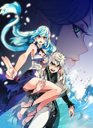 Rule 34 | 1boy, 2girls, aqua hair, bandages, carrying, cavalier of the abyss, green eyes, juder, multiple girls, red eyes, silver hair, xix, yuan
